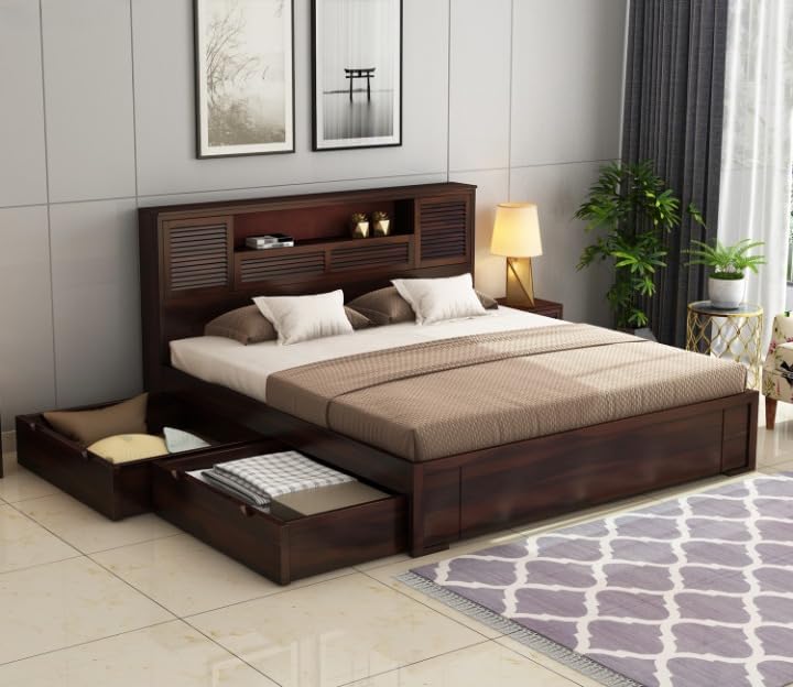 Image of Solid Sheesham Wood Bed with Storage | Wooden Bed with Drawer Storage & Designer Headboard | Strong & Durable Bed Frame for Bedroom Home & Hotel (Walnut Finish, King)