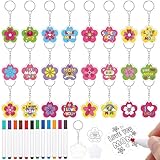 DIY Mother's Day Craft Set: includes 36 flower-shaped keychains in 24 creative designs, featuring double-sided floral inserts that can be enhanced with color; Paired with markers for decorating, this set helps create meaningful Mother's Day keepsakes...