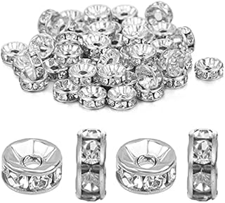 Wancala 200 Pcs Sparkling Crystal Spacer Beads - 8mm Rondelle Beads Crystal Spacer Bead Rhinestones Bracelet Necklace Jewelry Making, Crystal Rhinestone Spacer Beads Flat Round Loose Beads, silver