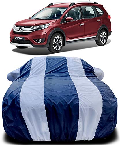 Image of PURPLEHEART Car Body Cover Compatible with Honda BR-V Mirror Pocket Triple Stitched Bottom Elastic Water Resistant UV Protection & Dustproof Car Cover-Blue & White