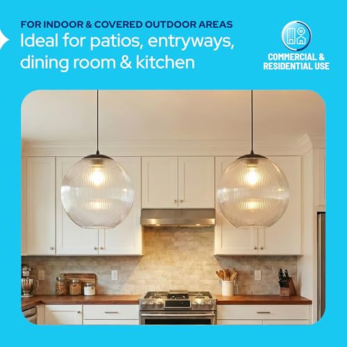 Image of KASTLITE 12 inch Acrylic Globe Pendant Light Fixture, 8W 3000K Filament LED Bulb, Ceiling Mount - Kitchen Pendant Lighting Over Island, Hanging Dining Light, Living Room Lamp - Prismatic, Black Base