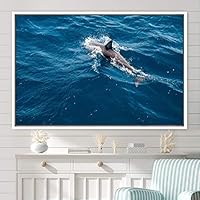 Framed Canvas Wall Art Swimming Free Cool Group Marine Life Multicolor Nautical Photography Realism Relax/Calm Whale - 16x24 inches