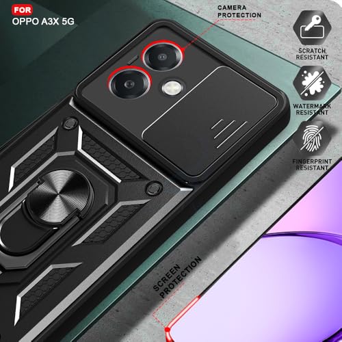 Image of AESTMO Tough Armor Oppo A3X 5G Bumper Back Case Cover | Ring Holder & Sliding Camera Shield Cover | 360 Degree Protection Back Case Cover for Oppo A3X 5G (Black)
