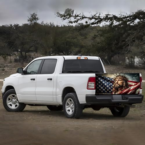 Image of Truck Tailgate Wraps Decals - 66x23.6 in American Flag Tailgate Graphics with Eagle for Trucks Pickup Personalized Decoration, Jesus Sticker Decal