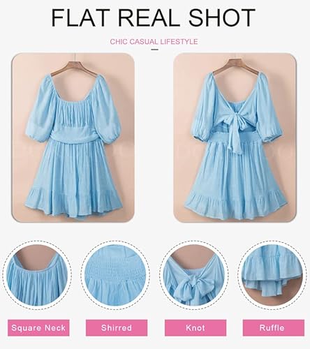 Dokotoo Womens Summer Dresses Square Neck Tie Back Lantern Sleeve Blue Wedding Guest Dresses Ruffle A-Line Sexy Dresses Elastic Waist Casual Dresses For Graduation Small #TOP2