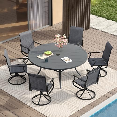 Image of VICLLAX 53 inch Outdoor Round Patio Table for Lawn Garden, All Weather Metal Round Patio Dining Table with Adjustable Umbrella Hole, Patio Table for 8 Person, Grey