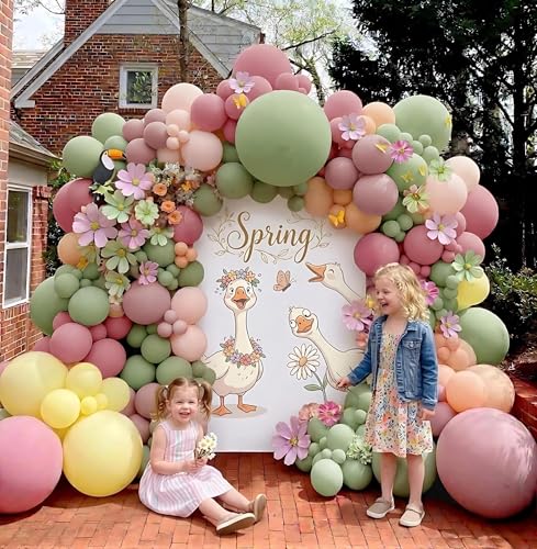 Image of Pastel Pink Yellow Green Balloon Arch with Artificial Flower Double Stuffed Dusty Green Pink Peach Mauve Balloon Garland Kit for Tea Party Wildflower Spring Birthday Baby Shower Fairy Party Decor