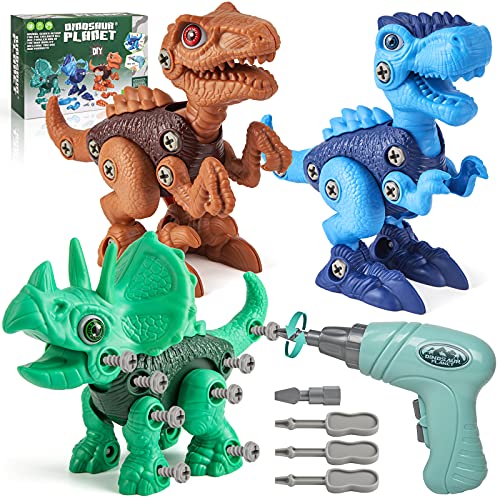 PIESTOL Dinosaur Toys for 3-5 5-7 Year Old Boysï¼Take Apart Dinosaur Toys for Kids with Electric Drillï¼Incl Tyrannosaurus Rex Triceratops Easter Basket Stuffers Gift(3 in 1)