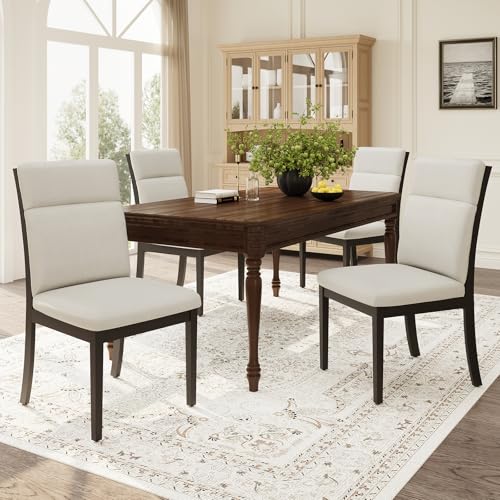 Image of COLAMY Wooden Dining Chairs Set of 4, Modern Fabric Upholstered Kitchen Side Chairs, Farmhouse Ladder High Back Dining Room Chair with Foot Pegs - Beige