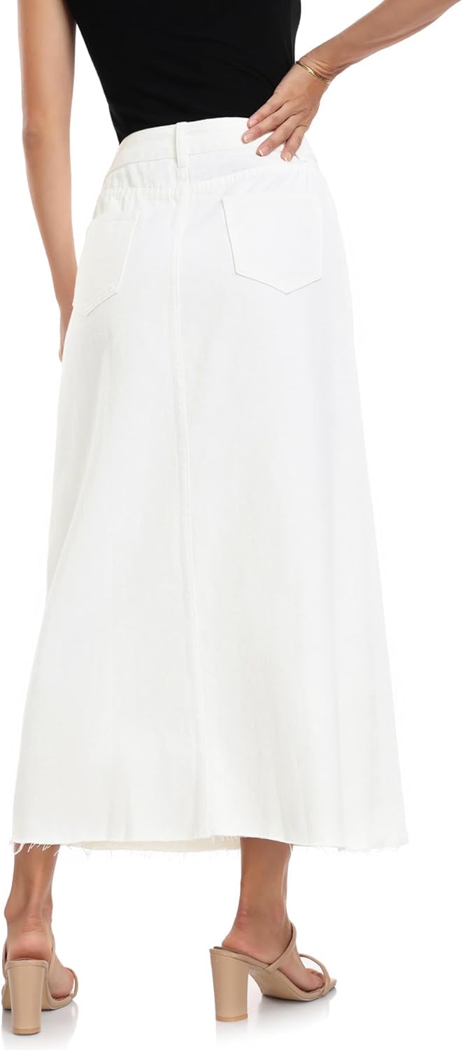 MISS MOLY Women's Jean Skirt Stretch High Waisted Frayed Raw Hem A Line Denim Midi Skirt with Pockets