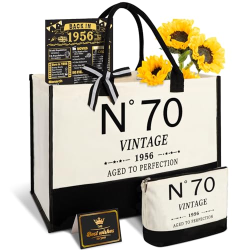 Amosking 70th Birthday Gifts for Women Canvas Tote Bag Travel Gear, Unique 70 Years Old Gifts for Wife Sister Mum Aunt Friends Her, Vintage N°70 Handbag & Cosmetic Bag & Back in 1956 Poster