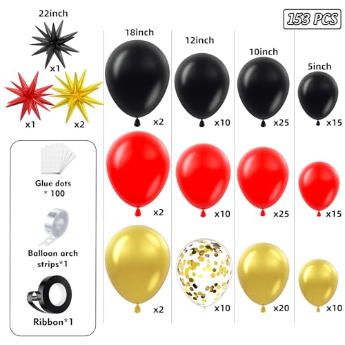 Image of 153Pcs Red and Black Gold Balloons Garland Arch Kit with Stars - 22 18 12 10 5 inch Different Latex Balloons for Anniversary Casino Night Hollywood New Years Movie Night Prom Party Decorations