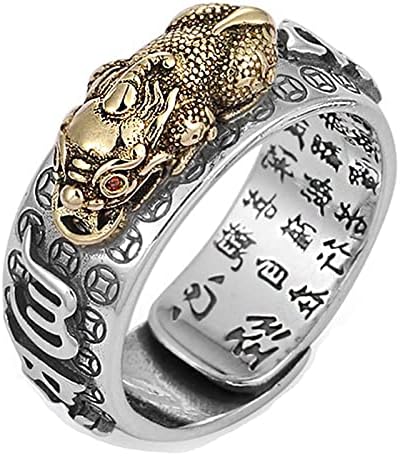 Kucheed Feng Shui PiXiu Mantra Ring, Silver Buddhist Good Luck Finger Rings,MANI Amulet Mantra Jewelry,Double Protection Wealth Love Health Band,Vintage Open Adjustable Rings Gifts for Men Women (C)