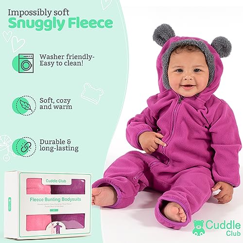 Cuddle Club Fleece Baby Bunting Bodysuit 2 Pack Bundle - Purple & Pink Bear Bunting Baby Fleece Jumpsuit - Teddy Bear Bunting - Newborn Snowsuits 3-6 months - Infant Girls Bunting Suits