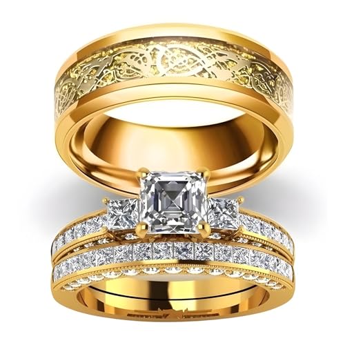3Pcs Moissanite Wedding Rings Sets for Couples, s925 10K 14K 18K Gold Wedding Rings Sets for Him and Her, Customized Matching Engagement Bands Set for Men and Women Free Engraving