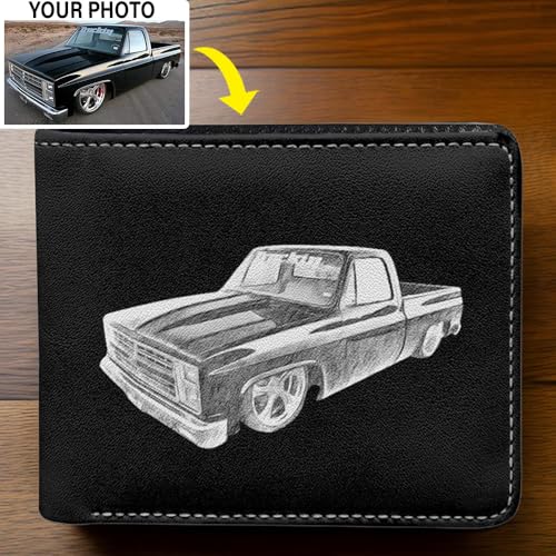 Pickup Truck Personalized Photo Printed Leather Bifold Wallet, Unique Gift For Truck Guys, Classic Vintage Old Pickup Truck, Heavy Duty Truck, Square Body Lovers (Sketc)2