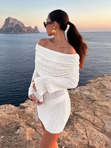 Womens Crochet Knit Swimsuit Coverup Mini Dress Summer 2025 Off Shoulder Sheer Mesh Beach Bathing Suit Cover Up2