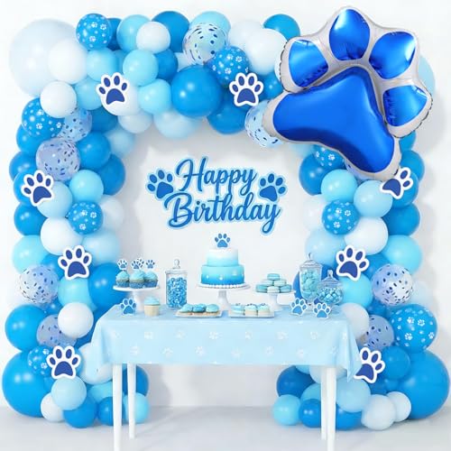 Charnoel 149pcs Paw Print Balloon Blue Arch Set Blue Birthday Party Balloon Set Includes Dog Paw Print Foil Balloons Sequined Balloons with Ribbon Suitable for Puppy Birthday Baby Showers Graduation