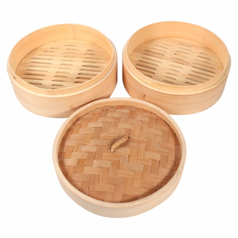Monouso | 10 Vaporeras de Bambú, Ø8x6cm, Con Tapa, Cesta de Vapor de Alimentos, para Cocinar al Vapor, Verduras, Pescado, Carne