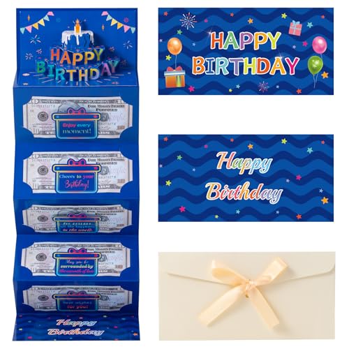 HOMANGA Birthday Money Envelope for Cash Gifts Birthday Money Holder with 3D Cake Birthdays Cash Gift for Men Women Girls Boys (Blue)