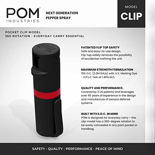 Pom Pepper Spray Black Flip Top Pocket Clip - Maximum Strength Oc Spray - Self Defense - Tactical Compact & Safe Design - 25 Bursts & 10 Ft Range - Powerful & Accurate Stream Pattern #TOP1