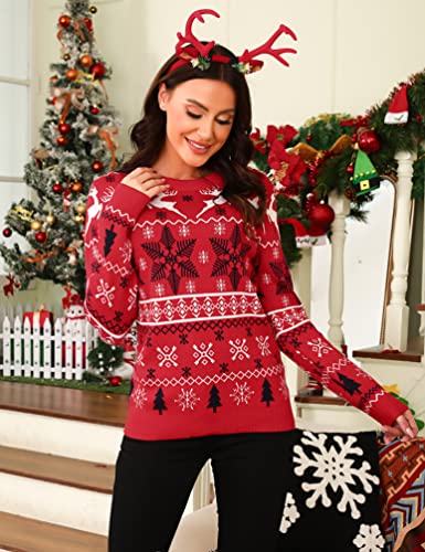 Aseniza Weihnachtspullover Damen Herren Christmas Sweater Pullover Weihnachten Strickpullover Rentier Elch Langarm Jumper mit Rundhalsausschnitt Rot-Damen, S