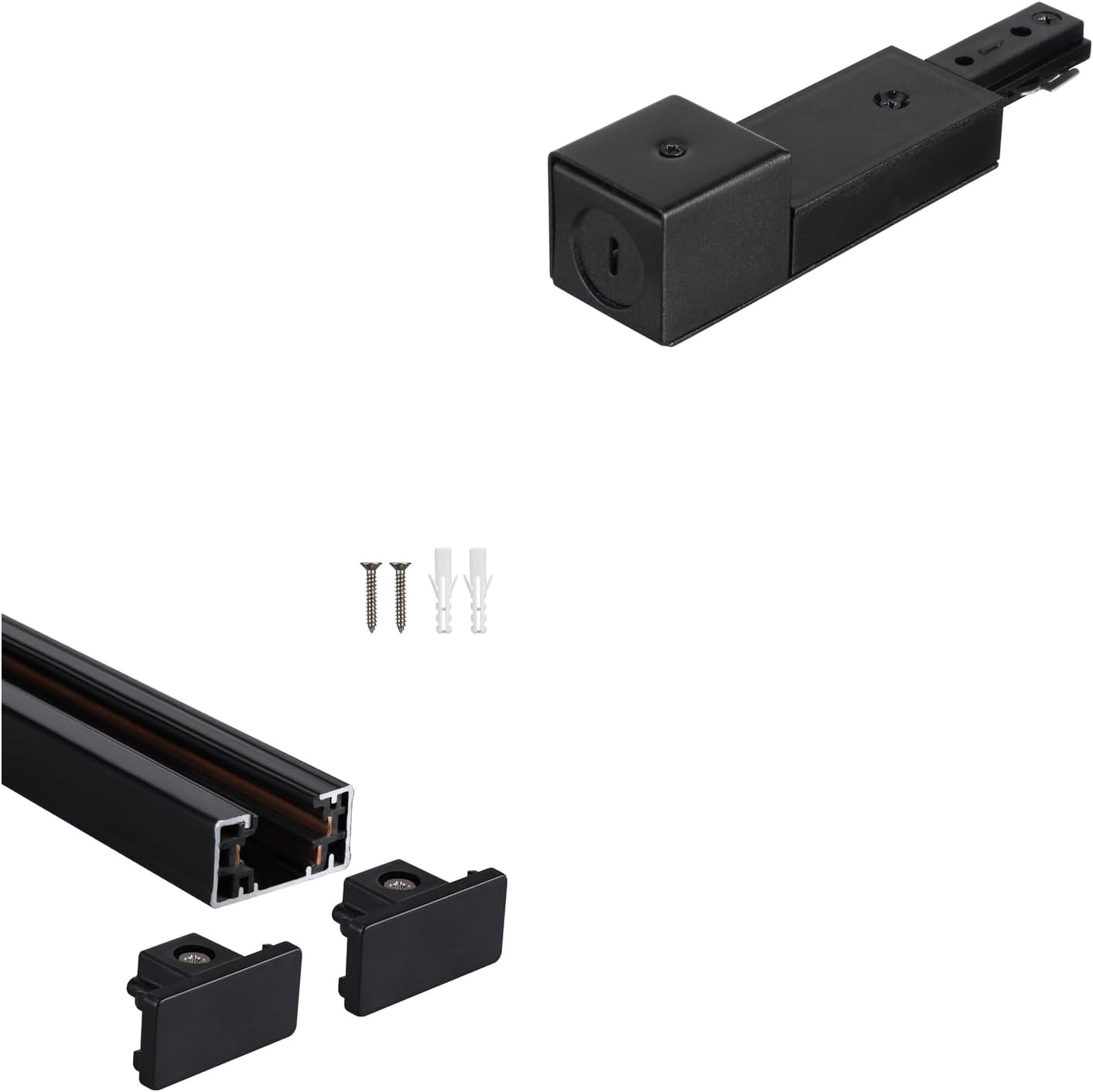 LEONLITE H Track Rail, 4FT H Type Track Lighting Rails & 2xEnd Caps, UL Listed, Black Bundle 1-Pack H Type Live End Conduit Connector, 3-Wire Single Circuit 1/2" BX Feed, ETL Listed, Black