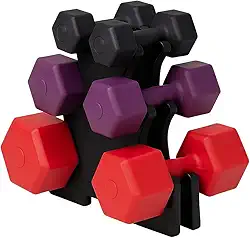 Kit Halteres Emborrachados com Suporte – 6 Halteres (1kg, 2kg, 3kg) – Pesos para Exercícios em Casa, Academia, Treino Funcional, Musculação e Pilates – Cores Roxo, Vermelho e Preto