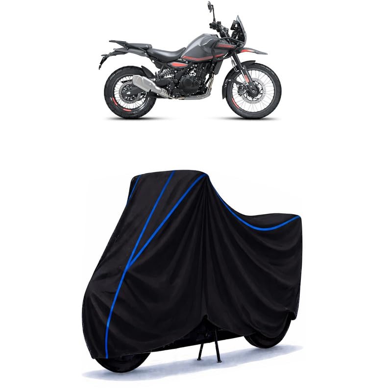 Image of Himalayan 452cc BS6 Bike Cover Water Resistant Universal Motorcycle Rain | Heavy Duty UV Protection, Dust, Scratch Indoor Outdoor All Weather with Black Blue Piping Elastic