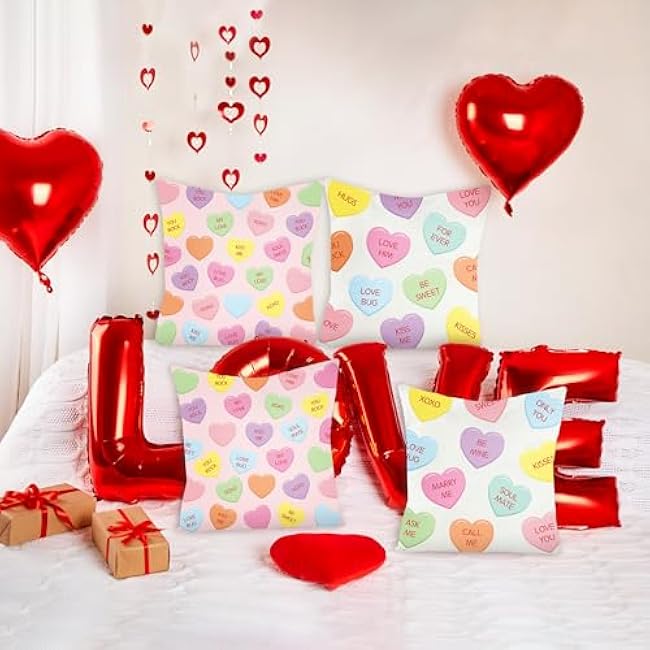 WATINC 4Pcs Valentine¡¯s Day Candy Conversation Cute Heart Throw Pillow Covers, Burlap Hearts Love Cushion Case Decoration for Sofa Couch, 2 Designs Square Valentine Theme Party Home Decor (18 x 18 In)