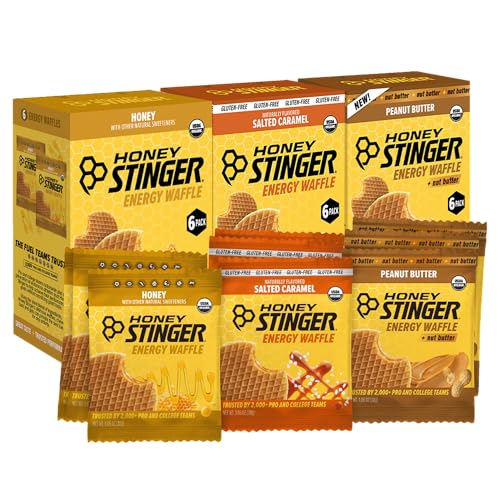 Honey Stinger Organic Energy Waffle Classic Original Flavors Variety Pack of 18, 6 Pack Each of Honey, Salted Caramel, Peanut Butter, Nutritious Stroopwafel Snack for Performance, Cycling, Running