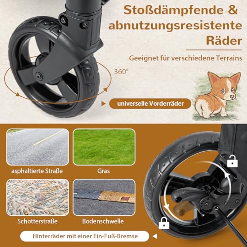 COSTWAY Hundewagen, Hundebuggy klappbar, bis 60 kg, Haustierwagen mit Vordertür & Netzfenstern & Griff, Haustiere Buggy Hundetrolley, für mittelgroße große Hunde Katzen, Grau, 67x98x121cm