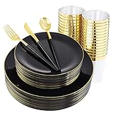 THALIA 180pcs Black Plastic Plates,Gold Plastic Dinnerware set,Black and Gold Plastic Plates,Black...