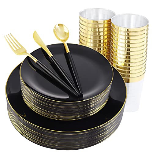 THALIA 180pcs Black Plastic Plates,Gold Plastic Dinnerware set,Black and Gold Plastic Plates,Black and Gold Dinnerware Set,Providing for 30 Guests Suitable for Graduation party,Formal Dinner,Birthday