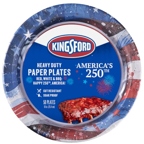 Kingsford American Flag Disposable Paper Plates, 10 Inch Round, 50 Count