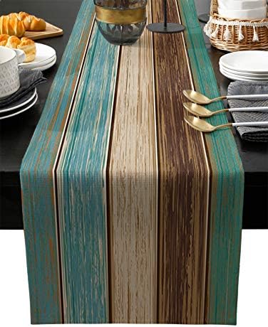 Edwiinsa Retro Cotton Linen Table Runner Geometric Rectangle Plate Mat Dresser Scarves, Rustic Wooden Plank Outdoor Rug Runner for Coffee Dining Banquet Home Decor 13 x 36 inch