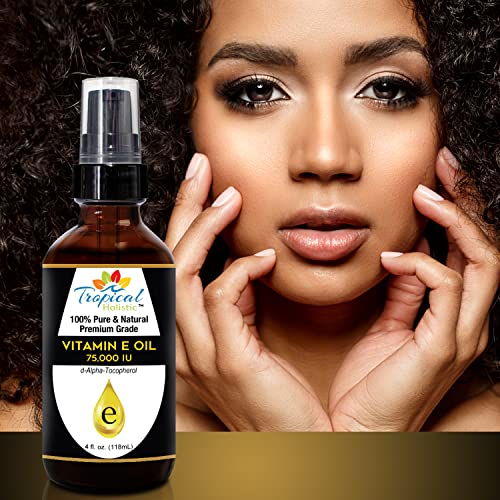 Tropical Holistic 100% Pure Vitamin E Oil 4Oz - Extra Strength 75,000 Iu, Unrefined Natural Face Moisturizer For Skin, Scars, Nails, Hair Growth, Wrinkles, Dark Spots - Premium Grade Antioxidant #TOP1