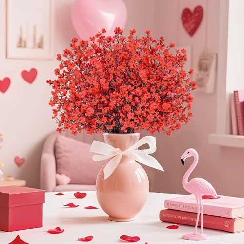 Der Rose Red Artificial Baby's Breath Flowers, 10pcs 21in Faux Gypsophila Stems, Red Silk Flowers for Valentine's Day Decor, Fake Red Flowers for Indo