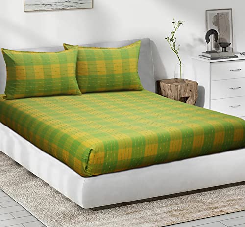 Image of AIRWILL, 200GSM Handloom Cotton Double Bedsheet with 2 Pillow Covers (Beast Green)