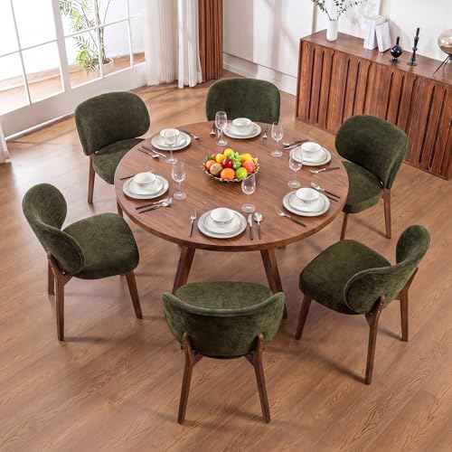 Image of YOUNIKE Dining Chairs Set of 6 Modern Kitchen Dining Room Chairs Green | Chenille Fabric Upholstered Armless Side Accent Chair with Back Wide Padded Seat Wooden Leg for Kitchen Dining Living Room