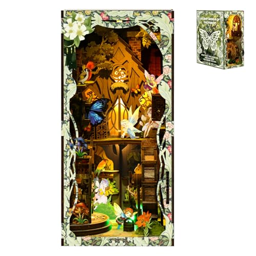 Coanto Book Nook, Book Nook Kits for Adults, Creative Reading Corner, 3D Wooden Puzzle Bookend for Teens and Adults, Bookshelf Insert Decor with LED Light and Dust Cover, Enchanted Forest