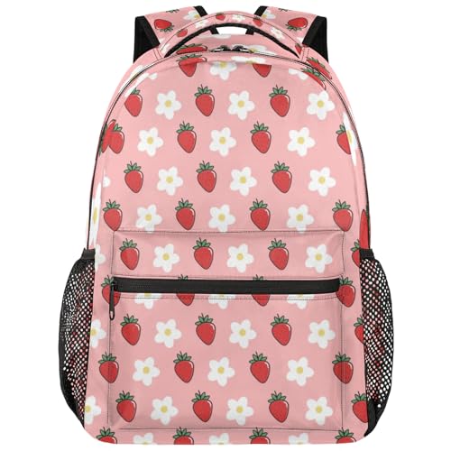 Strawberry Backpack For Girl - Cute Pink Schoolbag For Kid with Double Zipper, Breathable Shoulder Strap & Side Pocket for Water Bottle, Travel Pack for Kids Women Children Teens