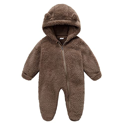 DINGDONG'S CLOSET Newborn Baby Boys Girls Winter Fleece Footie Snowsuit Bunting Onesie Hooded Romper Jumpsuit Outfits(Brown, 9-12M)