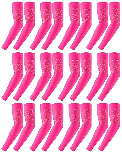 Handepo 12 Pairs Breast Cancer Awareness Sleeves Ribbon Arm Sleeves UV Protection Compression Arm Sleeve for Women Men Youth (Pink,Small)