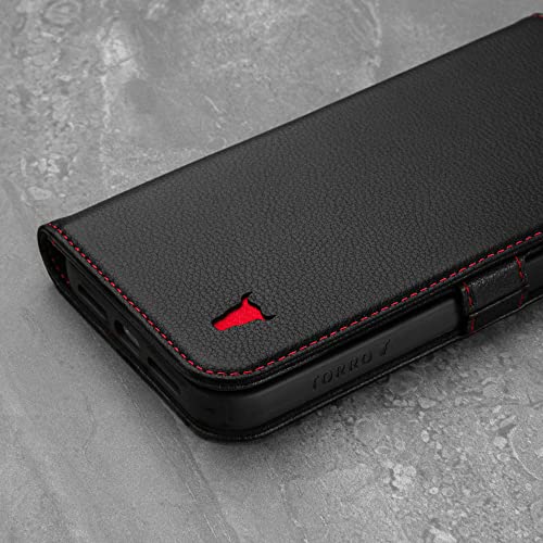 Coque en cuir iPhone 13 TORRO étui portefeuille noir avec support vidéo intégré