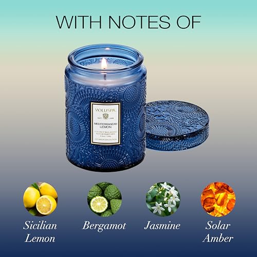 Image of Voluspa Mediterranean Lemon Candle Jar, 5.5 oz, Coconut Wax Blend, Small Scented Candles for Home, 50 Hour Burn Time, Poured in the USA