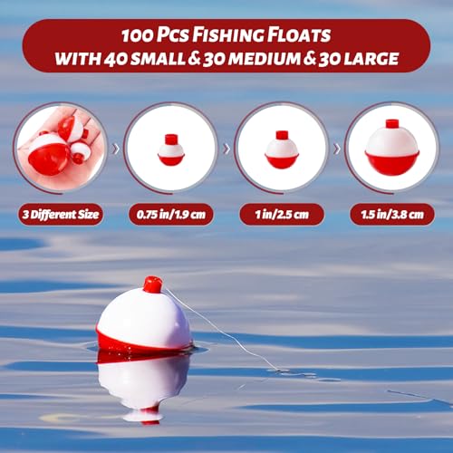 Woozettn 100 Pcs Fishing Float,Hard ABS Fishing Bobbers,Red and White Bobbers,Push Button Round Buoy Floats for Fishing Tackle Accessories,0.75/1/1.5 Inch - Thumbnail 2