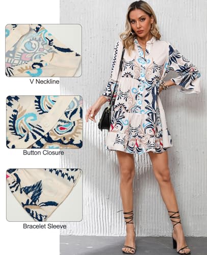 SELINK Womens Long Sleeve Dresses Casual V Neck Tribal Print Button Flowy Boho Mini Beach Dress2