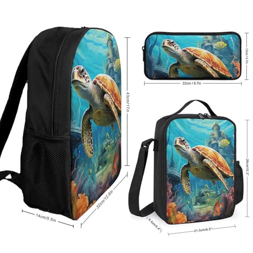 3 Piece Backpack for Women Men Lightweight Causal Daypack Shoulder Bag Set with Insulated Lunch Bag And Pencil Case Organizers Dolphins Sea Turtle Coral Reef2