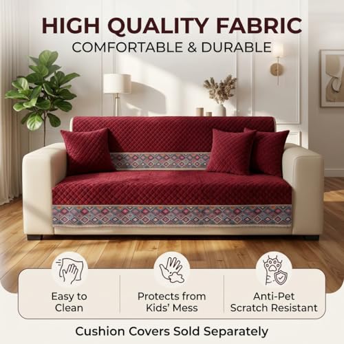 Image of KINGLY Sofa Cover 3 Seater Fully Covered | Stretchable Anti-Slip Slipcover | Washable Furniture Protector | Maroon | Seat & Back | Set of 2Pc